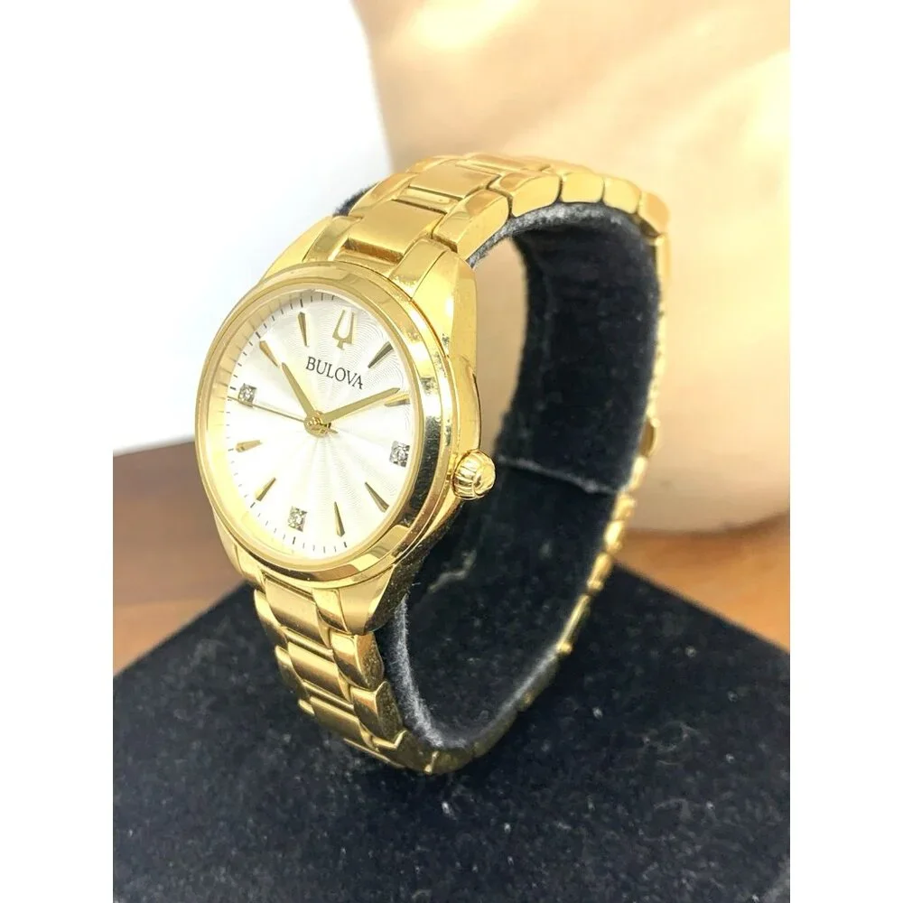 Bulova Women's Watch 97P150 Quartz Diamond Silver Dial Gold Stainless Steel 28mm